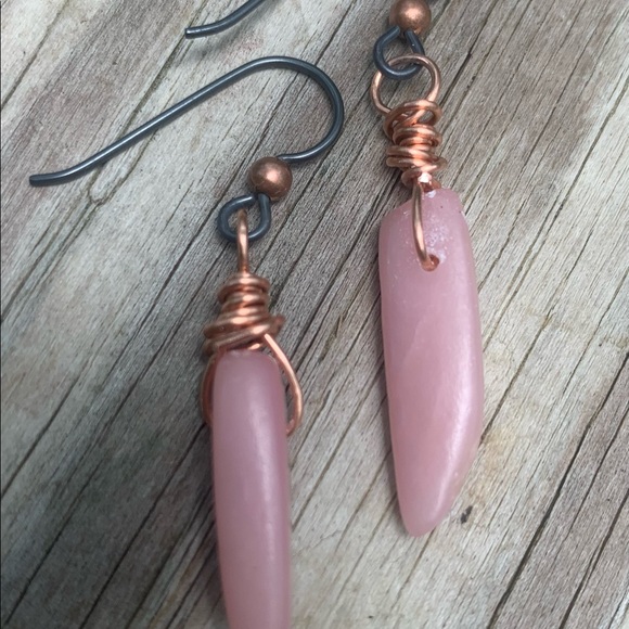 Pink Opal copper wrapped. Niobium ear wire earrings - Picture 3 of 8